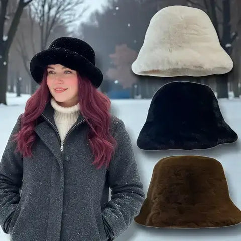women’s soft faux fur winter bucket hat plush fluffy reversible with 2.5 inch brim in winter white dark brown or black streetwear headwear