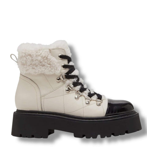 Bone leather quilted sherpa lace up combat boots lug sole