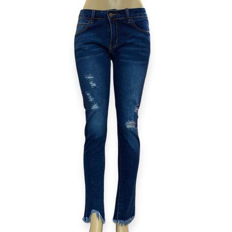 Mid Rise Distressed Fray Hem Denim Jeans Front View
