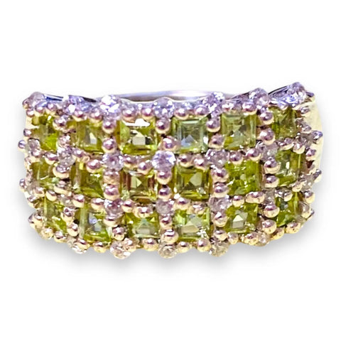 Women's Platinum Peridot Cluster Cocktail Ring with green Arizona peridot and white topaz accents / 7 