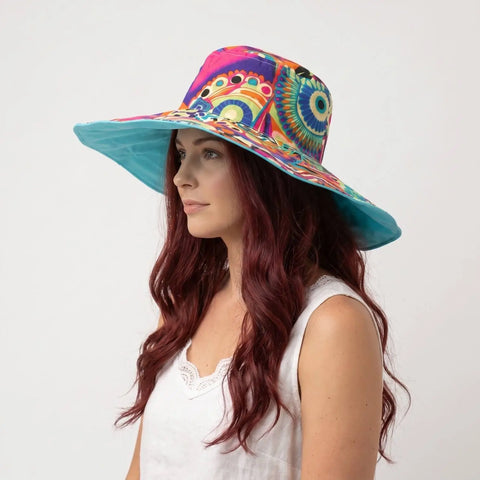 Reversible Colorful Wide Brim Summer Sun Hat - Blue/Multicolor / Female / One Size - Sun Hats