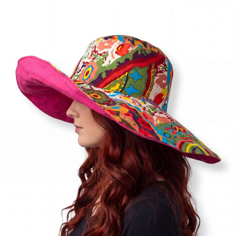 Reversible Colorful Wide Brim Summer Sun Hat - Pink/Multicolor / Female / One Size - Sun Hats