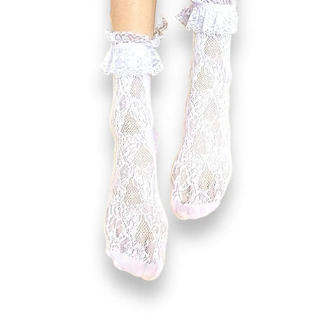 Women's Ruffle Top Lace Ankle Socks with floral lace and elastic ruffle trim in black or white