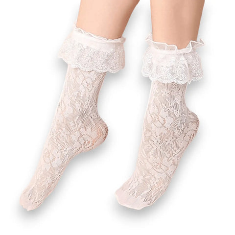 Women's Ruffle Top Lace Ankle Socks with floral lace and elastic ruffle trim in black or white