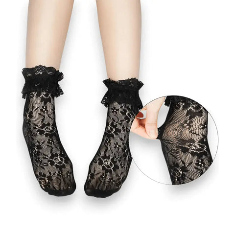 Women's Ruffle Top Lace Ankle Socks with floral lace and elastic ruffle trim in black or white
