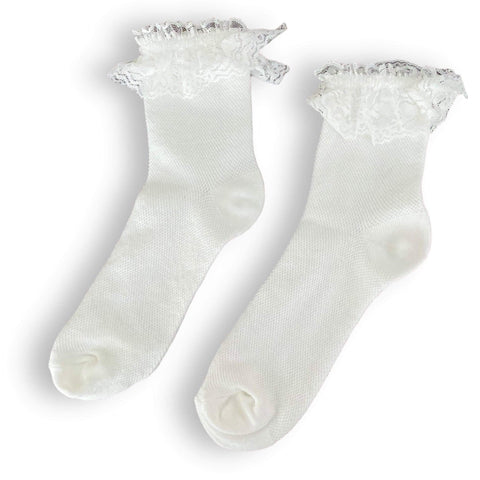 White lace ruffle cotton ankle socks scalloped lace topper diamond textured cotton footbed feminine coquette kawaii balletcore one size shoe 5 to 9