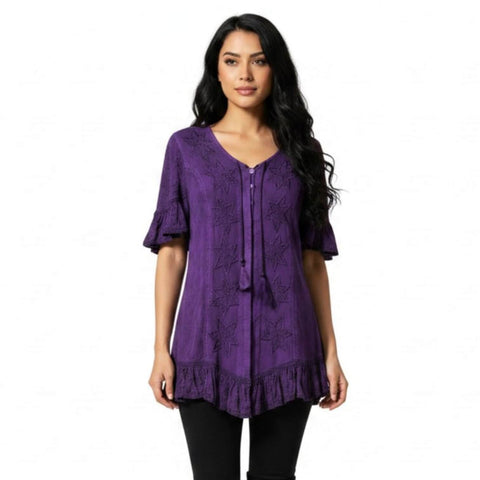 woman wearing black leggings with Purple Celestial Embroidered Ruffle Tunic Blouse short flutter sleeves size small