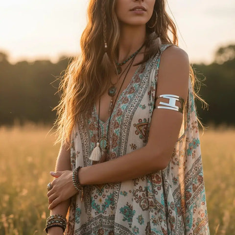 Abstract Silver Wide Upper Arm Cuff with tribal cutout design adjustable metal armband for boho and festival styling