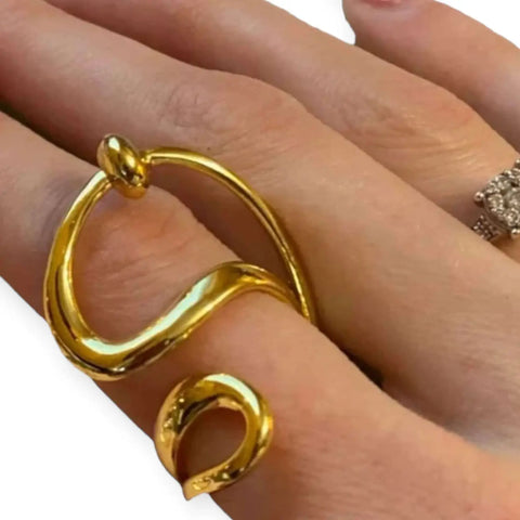 Abstract Wavy Statement Ring with mixed metal silver and gold bead detail adjustable sculptural wrap design