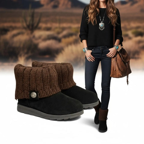 Black suede-look ankle boots with brown cable-knit sweater shaft, round toe and textured rubber sole