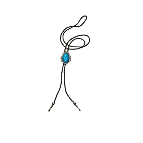 Antique Oval Stone Bolo Ties – Silver, Black Leather Western Turquoise Necktie unisex/ one size 