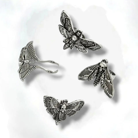 Antique Silver Moth Skull Gothic Rings Set - Silver Antique / 8 / Female - Women’s Rings Set