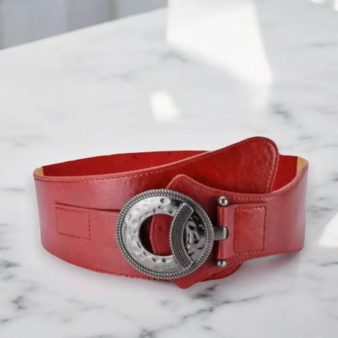asymmetrical leather wide fashion belt with hammered silver buckle beaded t bar closure and stretch back panel in red