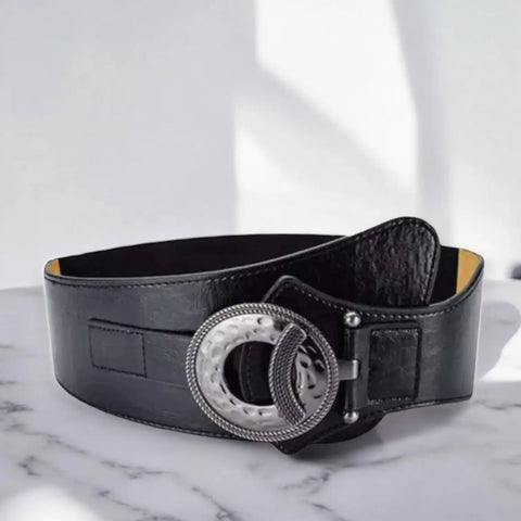 Asymmetrical Leather Wide Fashion Belt hammered silver buckle beaded T bar closure and stretch back panel in black 