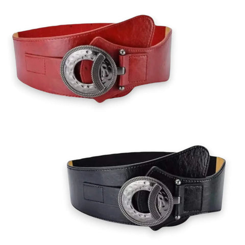 asymmetrical leather wide fashion belt with hammered silver buckle beaded t bar closure and stretch back panel in black or red