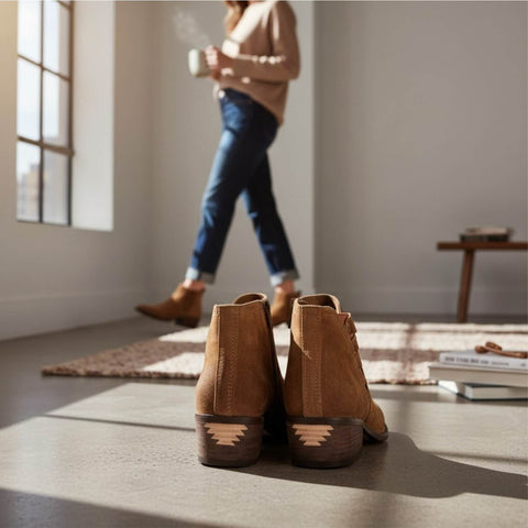 Western Brown Suede Leather Ankle Boots with contrast gore panels and aztec patterned stacked heel 8.5