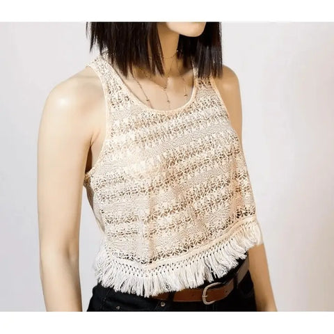 Beige Knit Fringe Cropped Tank Top with textured open-knit and round neckline, Beige Knit Fringe Cropped Tank Top with textured open-knit and round neckline, women's top
