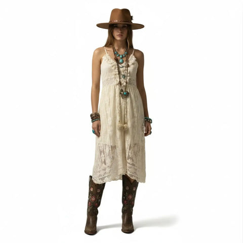 Boho Beige Floral Lace Sleeveless Midi Dress lined, summer attire xl
