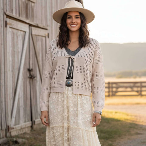 Beige Long Sleeve Crochet Cardigan Sweater western fall style