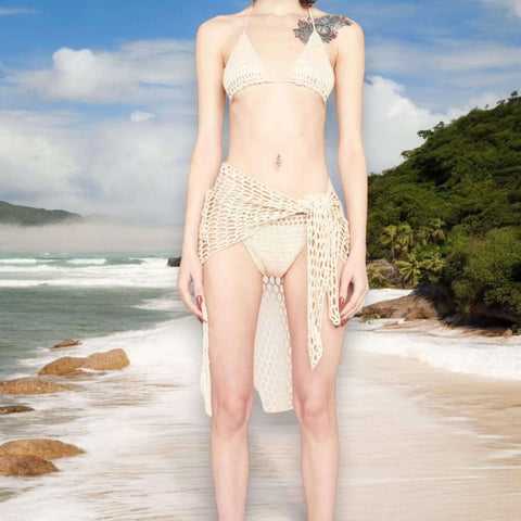 Beige Crochet Bikini Sarong Beachwear Set with open-weave halter top, side-tie bottoms, and matching wrap sarong, lightweight unlined three-piece set, size large