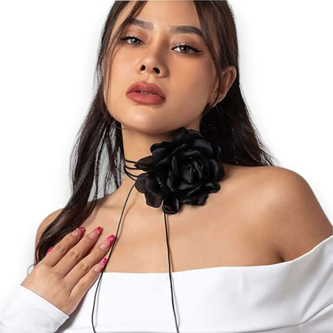 Big Flower Wrap Choker Necklace with oversized satin bloom and long wrap ties in black, champagne pink, or white