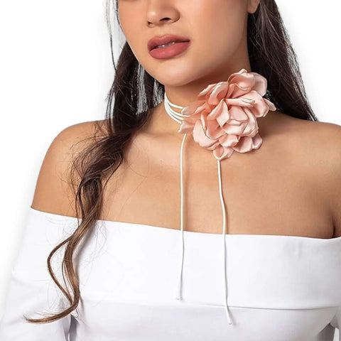 Big Flower Wrap Choker Necklace with oversized satin bloom and long wrap ties in black, champagne pink, or white
