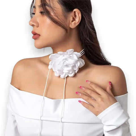 Big Flower Wrap Choker Necklace with oversized satin bloom and long wrap ties in black, champagne pink, or white