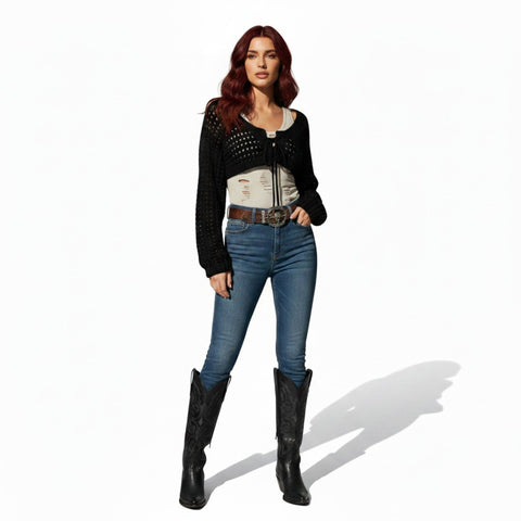 Long sleeve crochet bolero shrug with semi-sheer hollow knit, tie front and cropped fit black / women's 