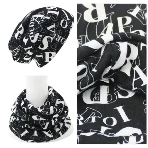 Black Allover Lettering 3-in-1 Beanie Cap with stretch jersey and Y2K streetwear style