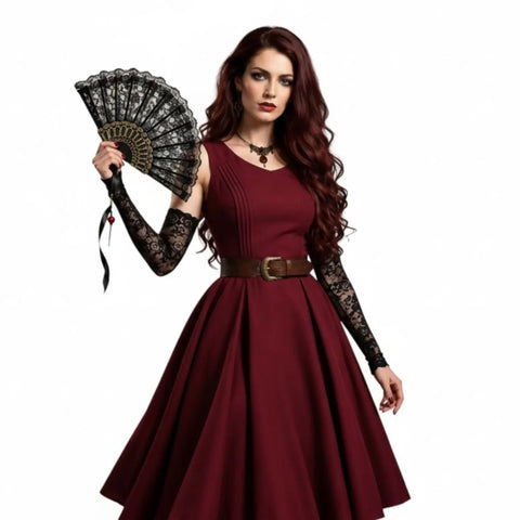 Gothic Romance Black Lace Fan and Long Arm Sleeves with gold ribs and ribbon tassels