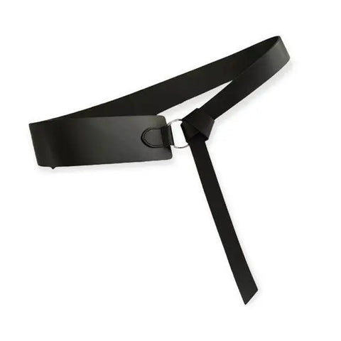 Black faux leather belt with wide-to-narrow design and silver buckle