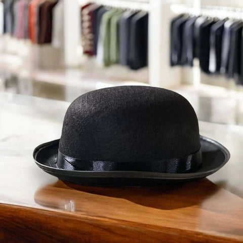 Black Bowler Hat Lace Band with dome crown and curled brim in cotton blend felt for gothic vintage style
