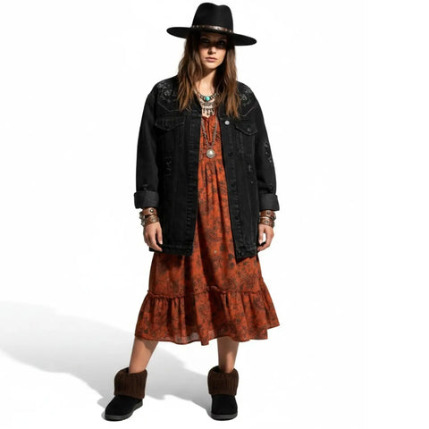 Black suede-look ankle boots with brown cable-knit sweater shaft, round toe and textured rubber sole
