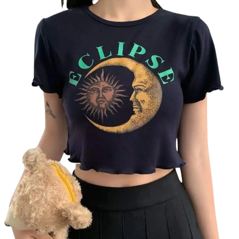 Black Celestial Graphic Crop Top - Wild Time Fashion