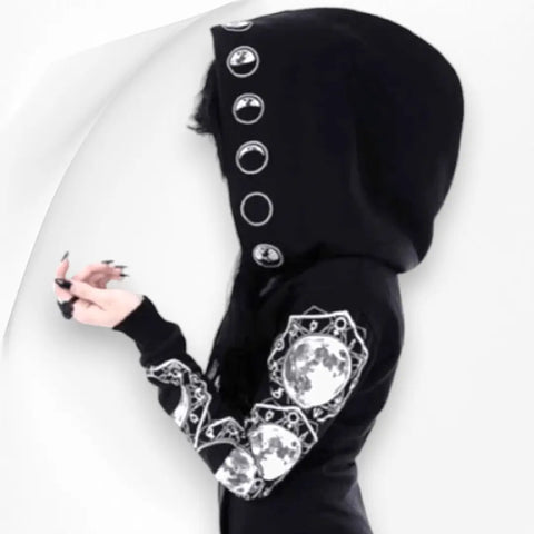 Black celestial zip up hoodie jacket with white moon phase graphics on hood sleeves and back oversized lightweight sweatshirt jacket size 2XL