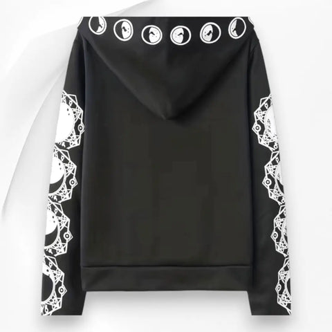 Black celestial zip up hoodie jacket with white moon phase graphics on hood sleeves and back oversized lightweight sweatshirt jacket size 2XL