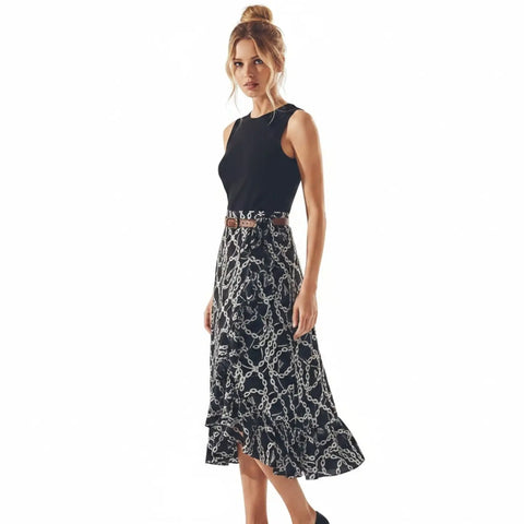 lack and white chain print wrap midi skirt with adjustable tie waist and flowing ruffle trim