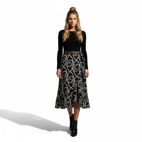 lack and white chain print wrap midi skirt with adjustable tie waist and flowing ruffle trim