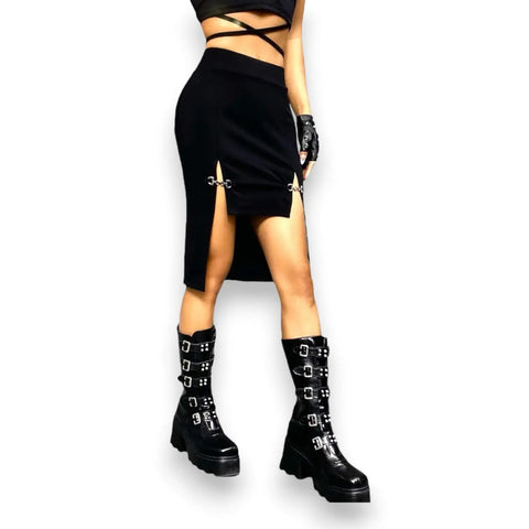 Black asymmetrical midi skirt with silver chain front panel, high-rise waist, and dramatic split—gothic, punk, and edgy streetwear aesthetic.