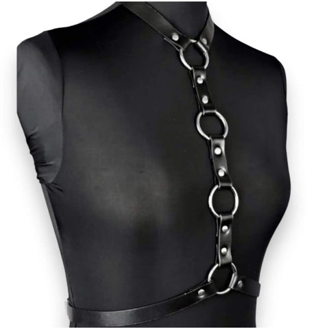 Edgy festival chest harness for women with silver hardware and split leather straps