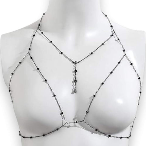 Black Crystal Chain Chest Harness with adjustable black chain, sparkling rhinestones, Y-drop tassel, and gothic body jewelry style
