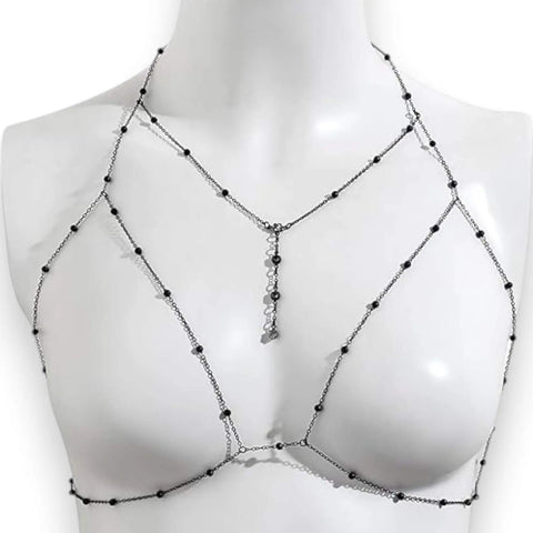 Black Crystal Chain Chest Harness with adjustable black chain, sparkling rhinestones, Y-drop tassel, and gothic body jewelry style