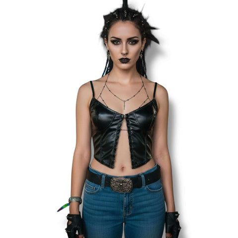 woman wearing with a crop top Black Crystal Chain Chest Harness with adjustable black chain, sparkling rhinestones, Y-drop tassel, and gothic body jewelry style