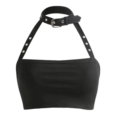 Black Cut Out Buckle Collar Crop Top