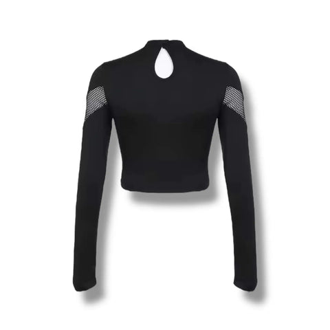 Black cut out mesh studs cropped top with fishnet panel sleeves, silver grommet neckline straps, and keyhole back button closure, women’s fitted size large
