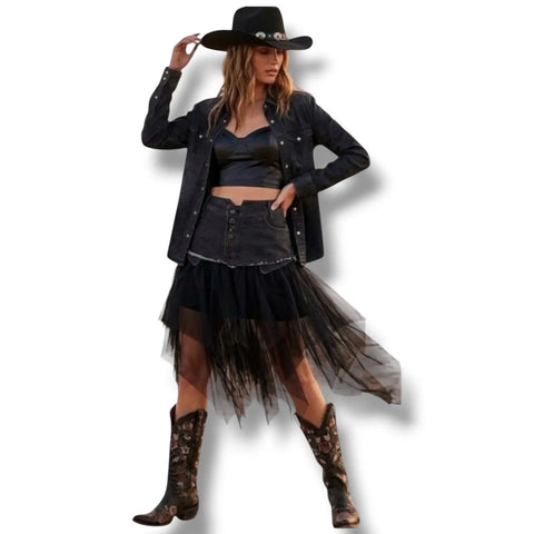 western woman wearing Black Denim Asymmetric Midi Tulle Skirt / large