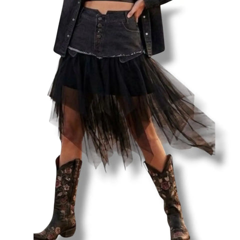 western woman wearing Black Denim Asymmetric Midi Tulle Skirt / large