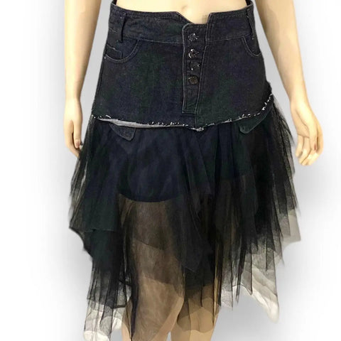 Black Denim Asymmetric Midi Tulle Skirt Wild Time Fashion