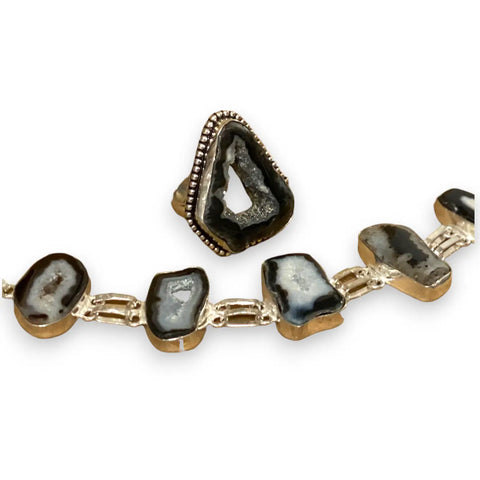 Artisan sterling silver statement black spinel druzy agate gemstone ring with matching bracelet 