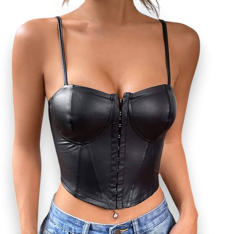 Black Faux Leather Crop Corset Top  hook-eye front closure and v-neckline, edgy  bustier style for year-round fashion